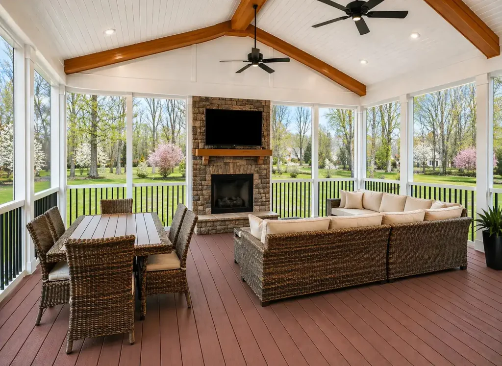 Premium custom covered patio in Alpharetta, GA with fireplace, vaulted wood beams, composite decking, and outdoor seating area.