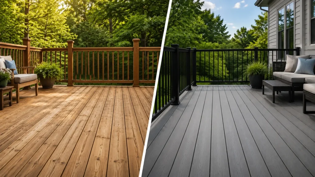 Composite and wood backyard decks with modern outdoor living spaces in Alpharetta, GA.