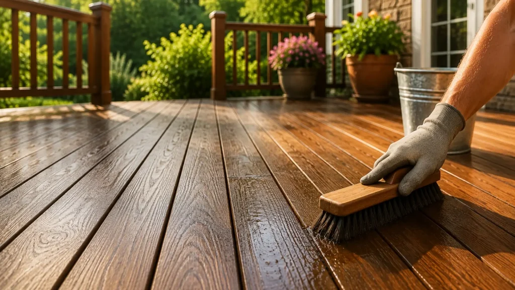 Cleaning a wood deck to protect and extend its lifespan.