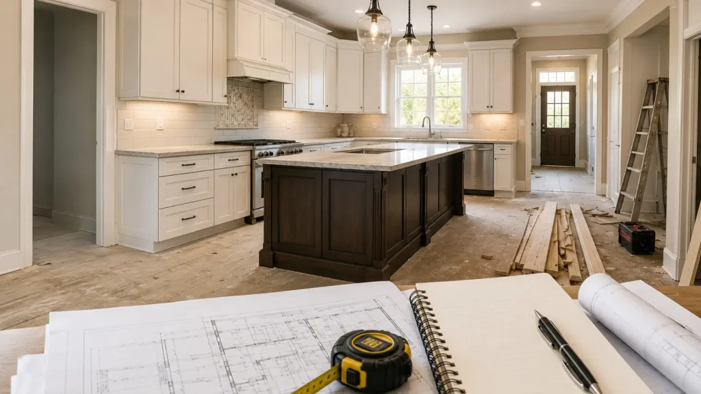 Luxury home renovation project with kitchen under construction, blueprints, and measuring tools in North Atlanta.