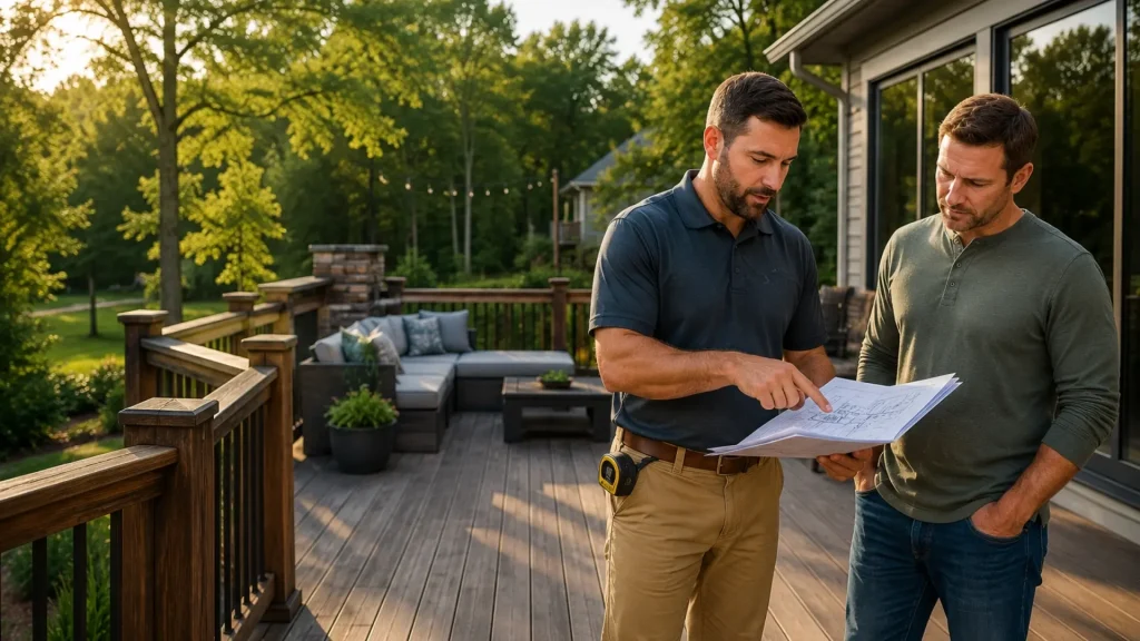Deck contractor reviewing plans with a homeowner on a custom composite deck during an outdoor living project consultation in Alpharetta, North Atlanta.