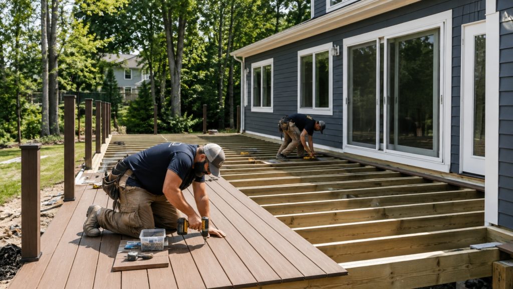 Custom composite deck under construction at a North Atlanta home by professional deck builders.
