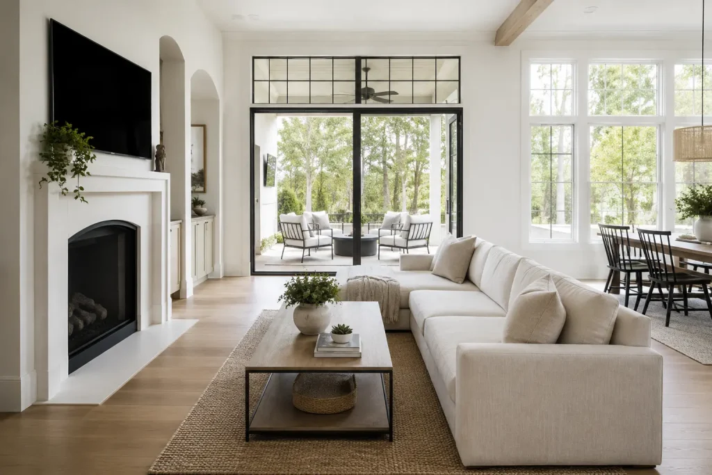 Bright modern custom home with an open-concept living room overlooking a covered outdoor patio in North Atlanta.