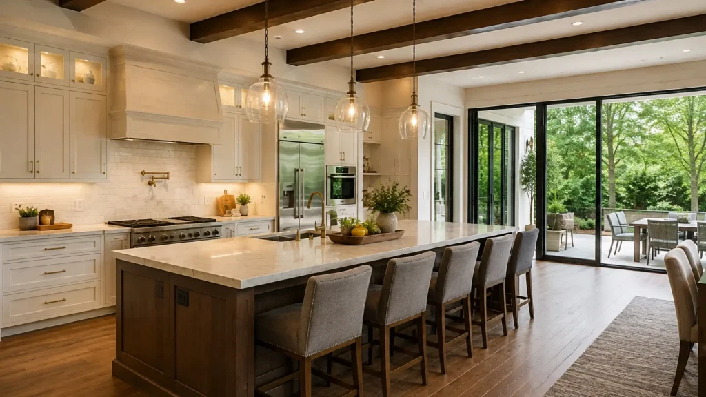 Custom kitchen remodeling project with oversized island and seamless indoor-outdoor living in Alpharetta, GA.
