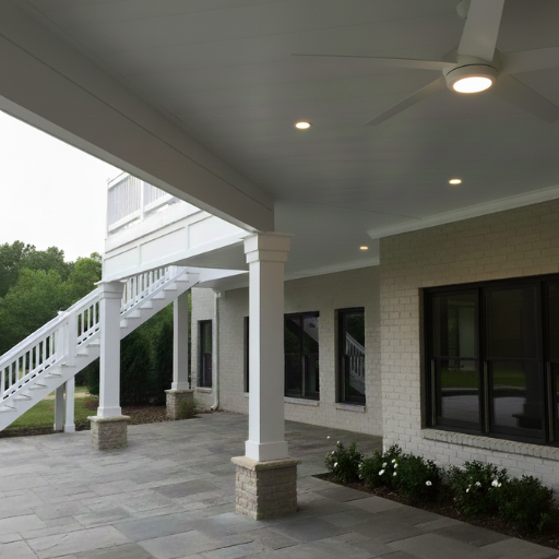 White underdeck ceiling with white aluminum railings and balusters.