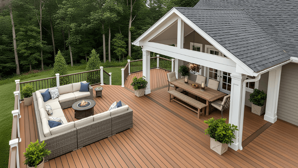 Modern composite deck in North Metro Atlanta showing elevated structure, cable railings, and high-quality framing