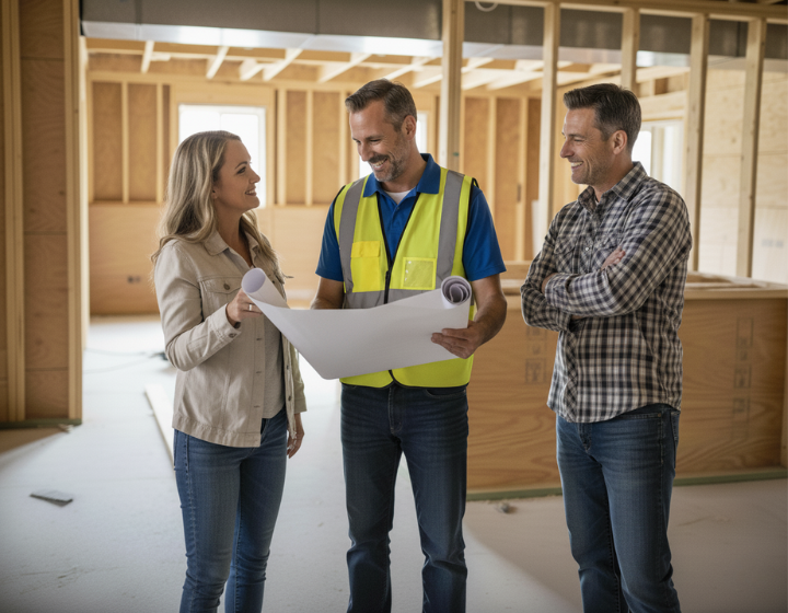 Project manager holding blueprints discussing a home remodeling project with a couple in a framed-out kitchen in North Metro Atlanta.