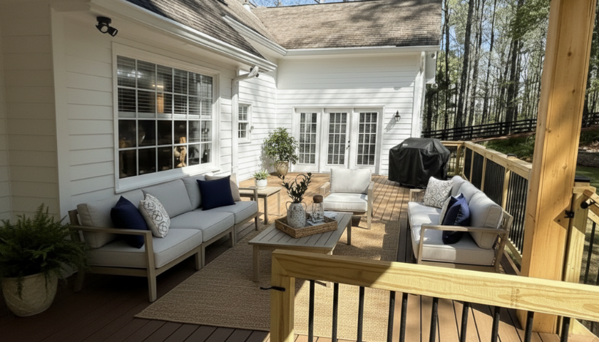 Custom deck renovation in Alpharetta showcasing composite decking, modern railing with black metal spindles, and a spacious layout for outdoor furniture and grilling.