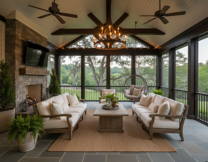 High-end outdoor living space in Milton, GA, designed by a custom screened porch builder. Features include slate flooring, a mounted TV over a masonry fireplace, and comfortable estate-style furnishings.