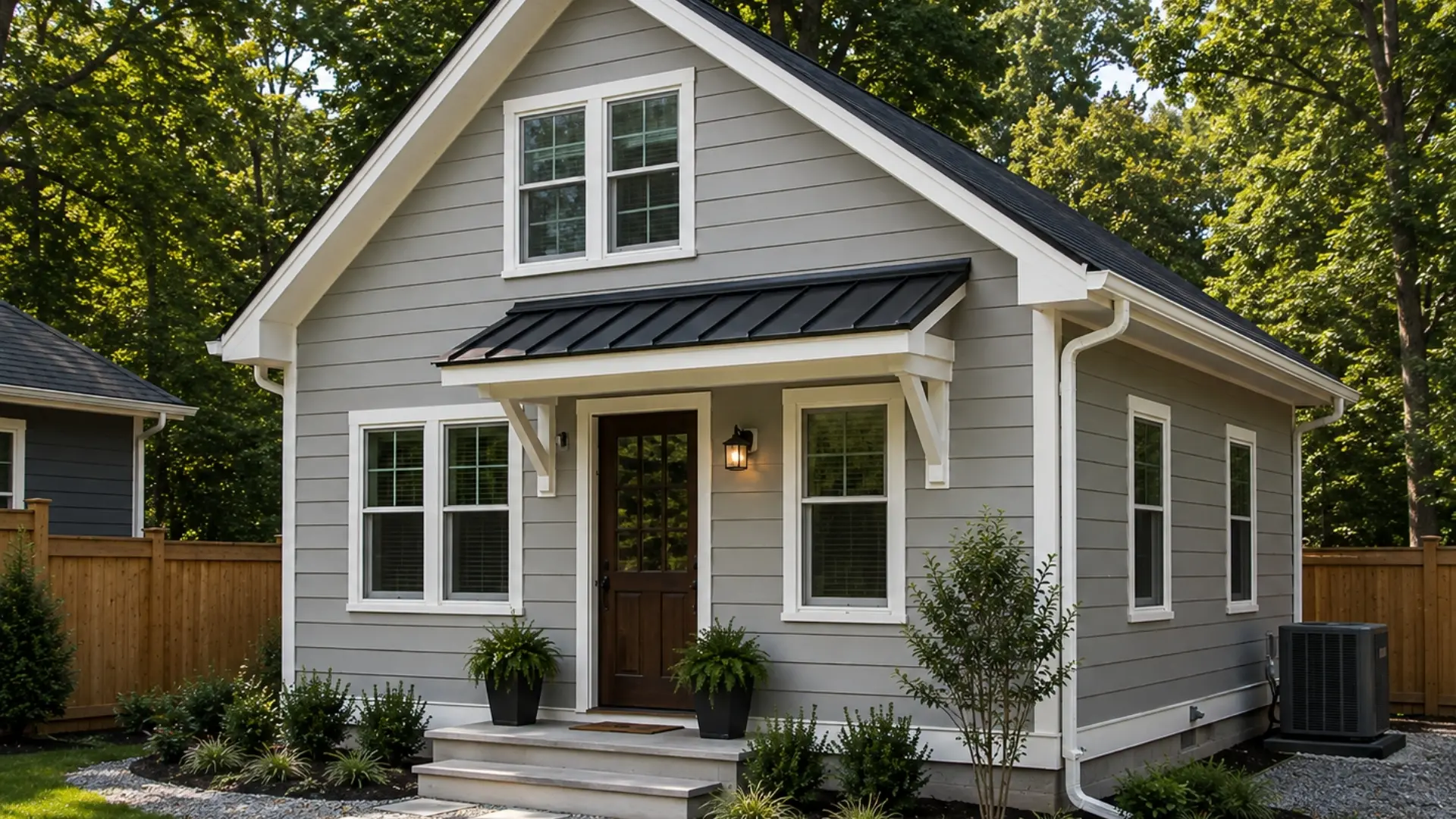 Modern detached ADU with farmhouse design in a North Atlanta backyard.
