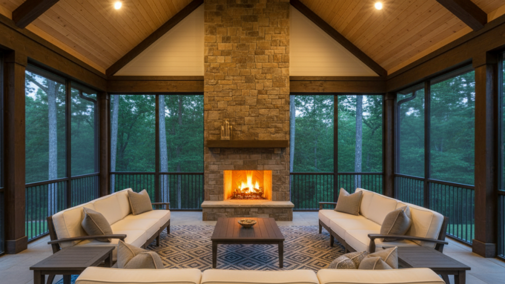 A luxury screened porch featuring a vaulted tongue-and-groove ceiling and floor-to-ceiling stone fireplace, designed for year-round outdoor living in Milton GA.