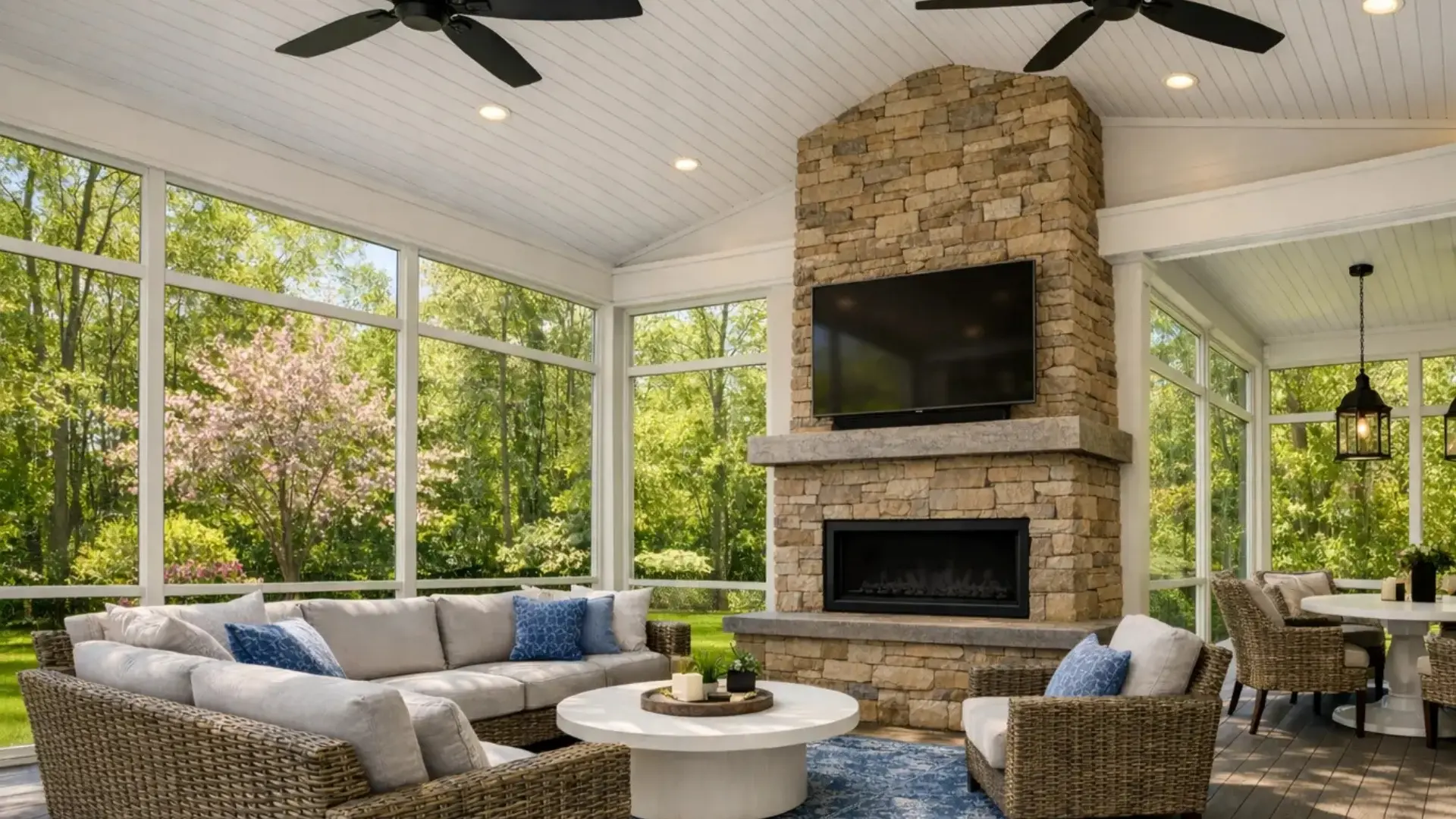 Luxury screened porch with stone fireplace, vaulted ceiling, and outdoor seating area in a North Atlanta home