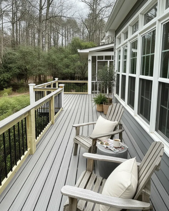 Gray composite decking featuring modern railings with natural wood posts and black balusters on an Alpharetta home.
