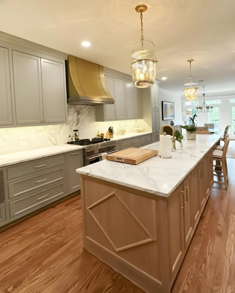 High-end kitchen remodel in Milton featuring a custom brass range hood, full marble slab backsplash, and a natural wood island with decorative diamond paneling and marble countertops.