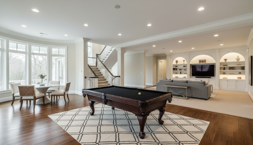 Expansive luxury basement remodeling project in The Manor, Milton, GA, featuring a game room with a pool table, hardwood floors, and a bright seating nook near large windows.
