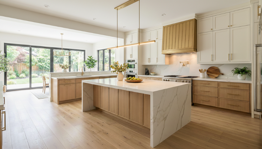 After photo of a luxury kitchen renovation in Milton, GA featuring a white quartz waterfall island, quarter-sawn white oak cabinetry, and a bright open-concept layout replacing heavy columns.