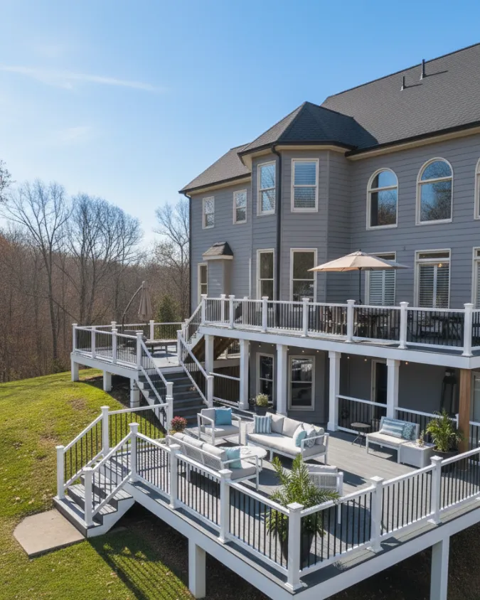 Expansive multi-level gray composite deck featuring white railing posts with black balusters, connecting an upper balcony to a spacious lower outdoor lounge area.