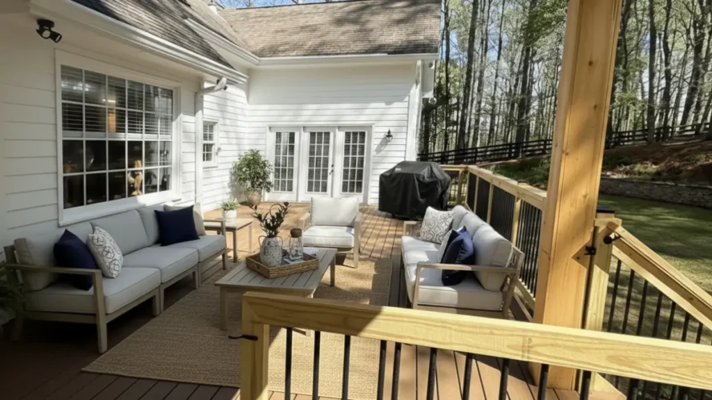 Custom composite deck replacement in Woodstock GA featuring Trex decking, modern railings, and luxury outdoor seating for a high-end home.