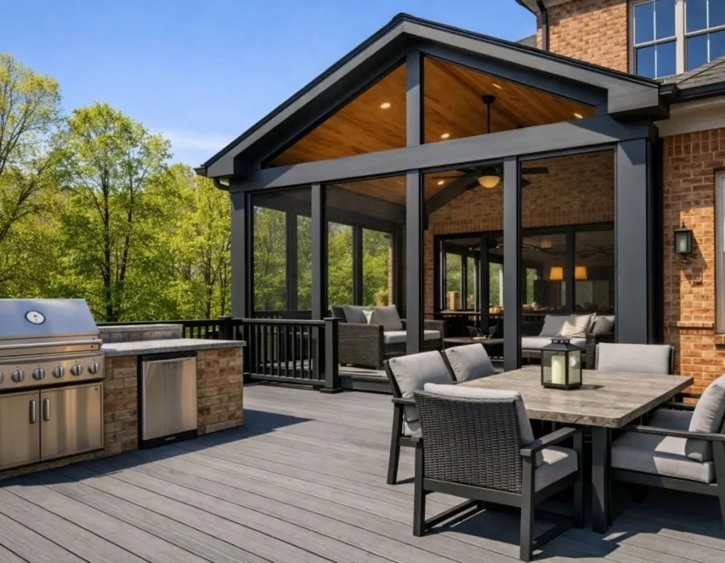 Custom composite deck and screened porch combination with outdoor kitchen in Alpharetta, GA luxury outdoor living design.