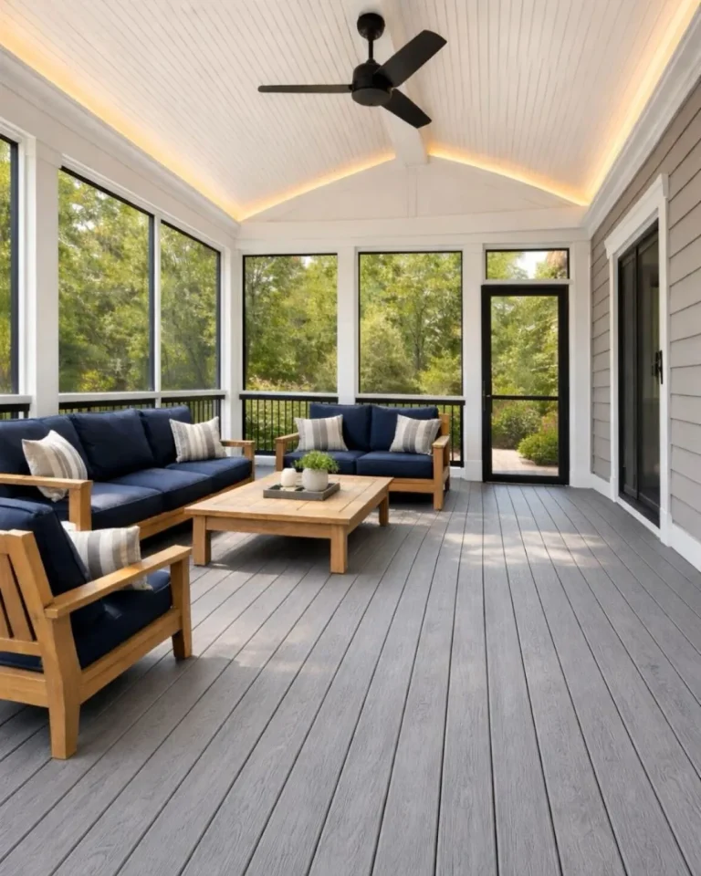 Screened-in porch installation in Alpharetta featuring gray composite decking, vaulted ceiling with LED lighting, and modern outdoor seating.