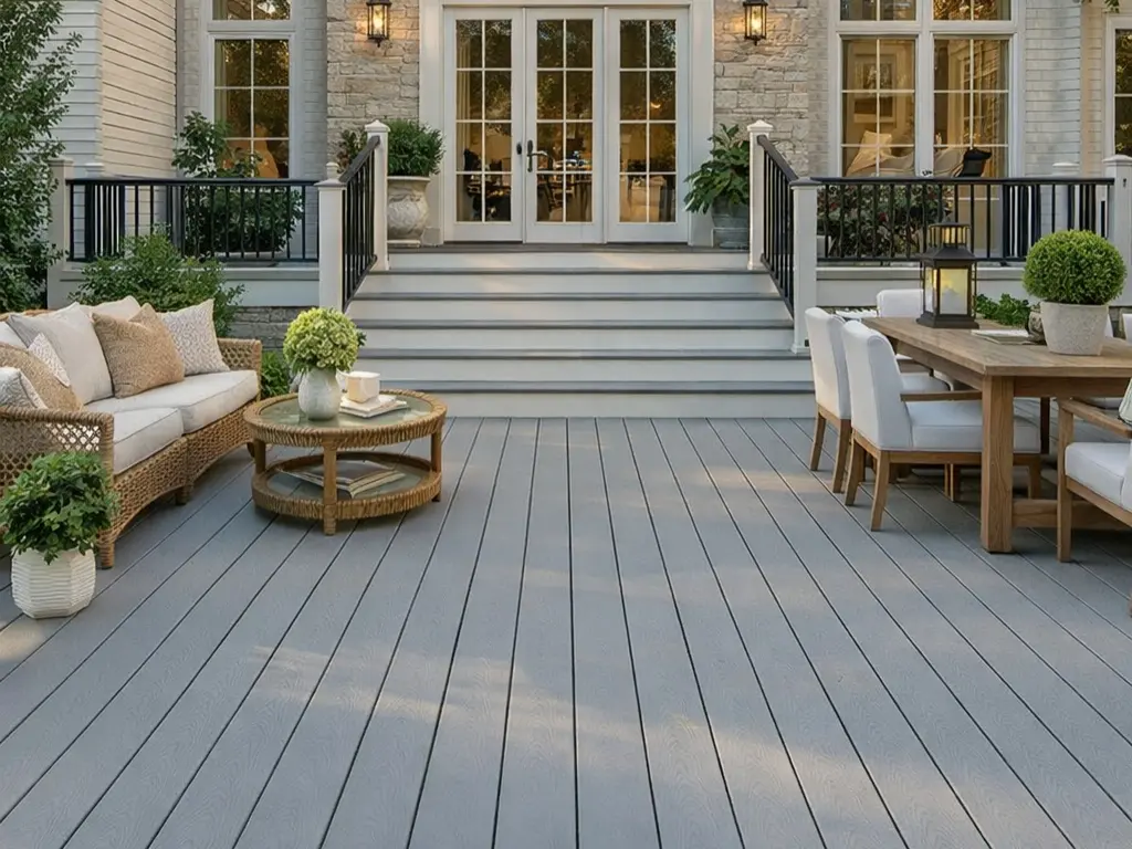Custom composite deck built for a luxury home in Alpharetta with outdoor seating and dining area by Yanover Costruction