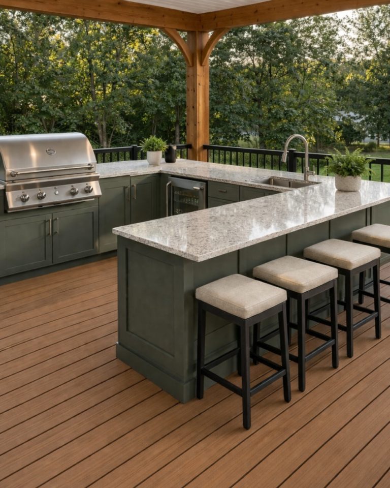 Custom outdoor kitchen on composite deck in Alpharetta, Milton, Atlanta GA with built-in grill, refrigerator, and modern bar seating.