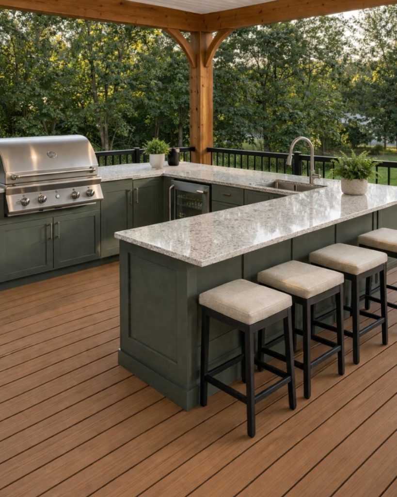 Custom outdoor kitchen on composite deck in Alpharetta, Milton, Atlanta GA with built-in grill, refrigerator, and modern bar seating.