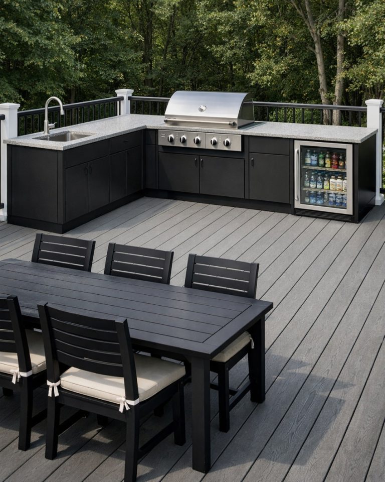 Modern outdoor kitchen on composite deck in Alpharetta, Milton, Roswell GA with built-in grill, sink, refrigerator, and dining area