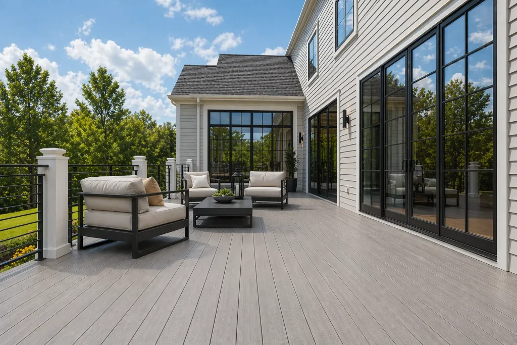 Modern composite deck built by a custom deck builder in Alpharetta featuring outdoor seating and black aluminum railing