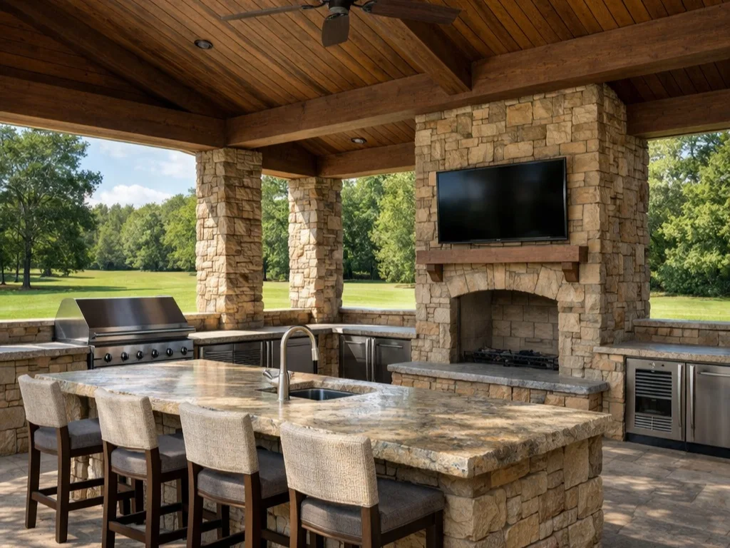 Custom outdoor kitchen with built-in grill, stone island, and covered outdoor structure in North Atlanta