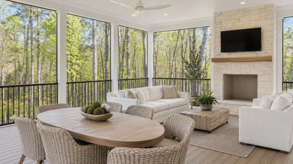 Luxury screened porch in Alpharetta with stone fireplace, outdoor seating, dining area, and wooded backyard view