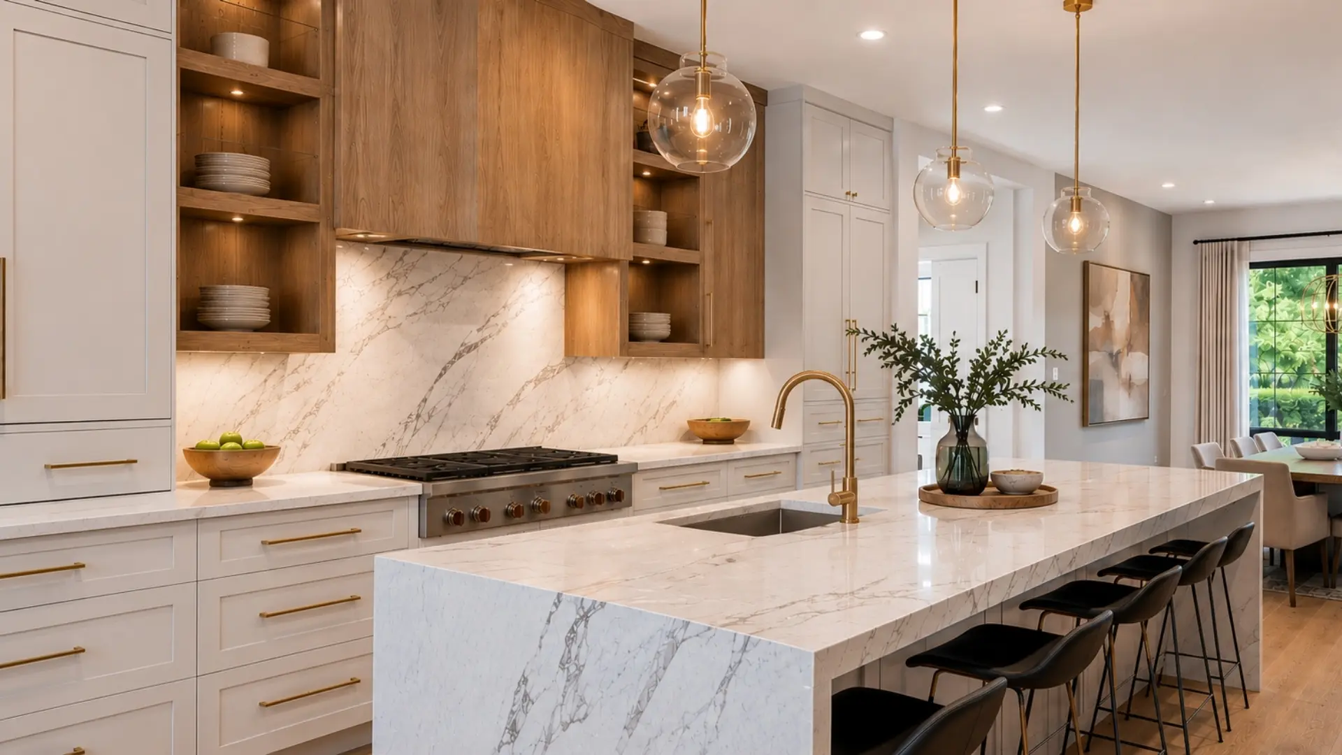 Luxury kitchen remodel in Alpharetta GA featuring a large marble waterfall island, custom white oak cabinetry, and open concept design