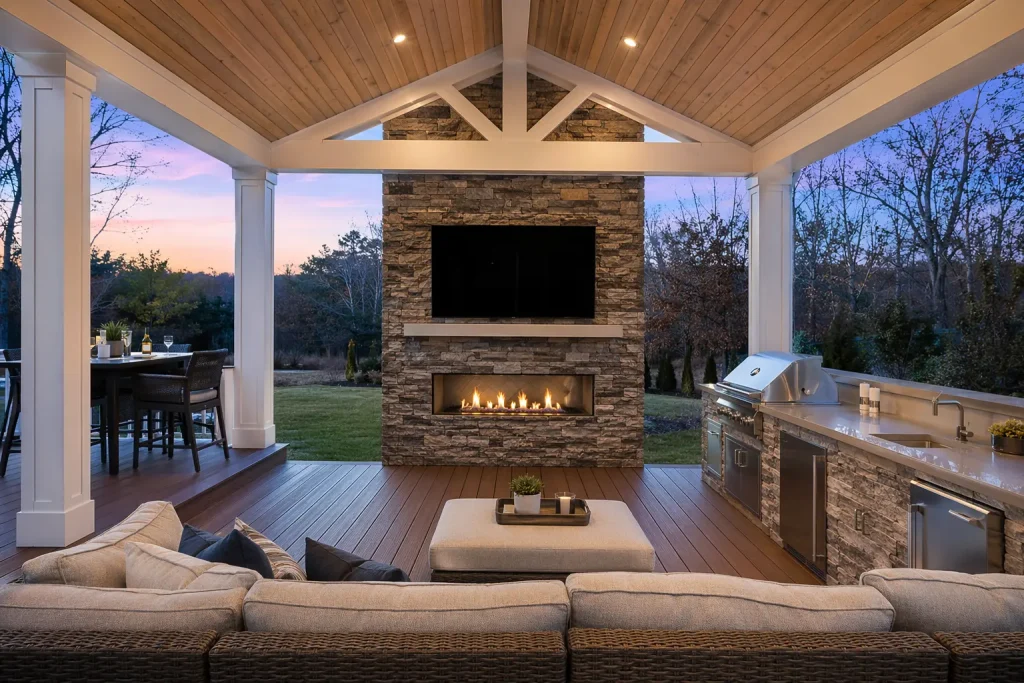 Luxury covered outdoor living deck in Milton GA with stone fireplace, outdoor kitchen, composite Trex decking, vaulted wood ceiling by Yanover Construction