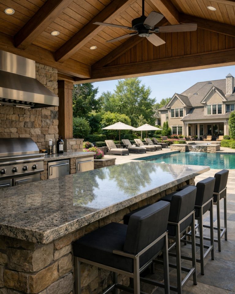 Luxury outdoor kitchen in Alpharetta , Milton, Roswell GA with covered patio, stone grill, and poolside seating area