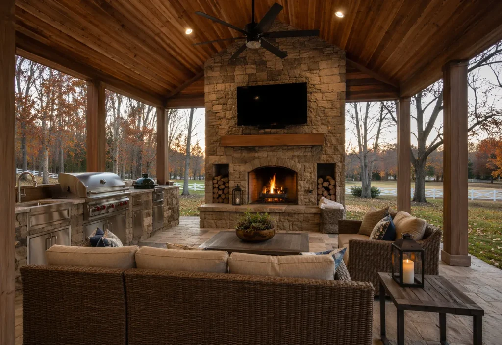Luxury covered outdoor pavilion in Milton, GA featuring a stone fireplace, outdoor kitchen, ceiling fan, and woven seating in a high-end backyard during late fall.