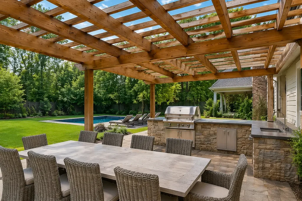 Luxury wood pergola with outdoor kitchen and dining area in a backyard in Alpharetta GA by Yanover Construction
