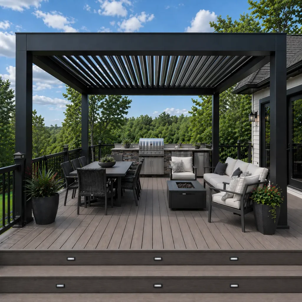 Luxury black pergola on composite deck with outdoor kitchen and seating area in a high-end Alpharetta GA backyard
