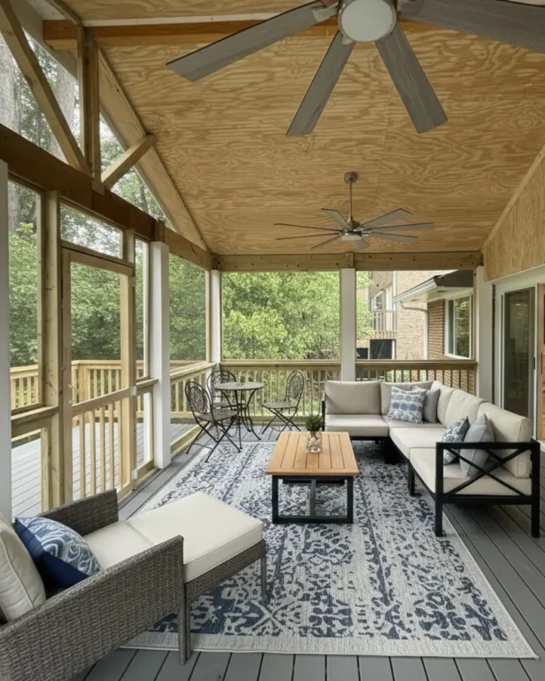 Luxury screened porch interior in Milton GA with wood ceiling and seating area