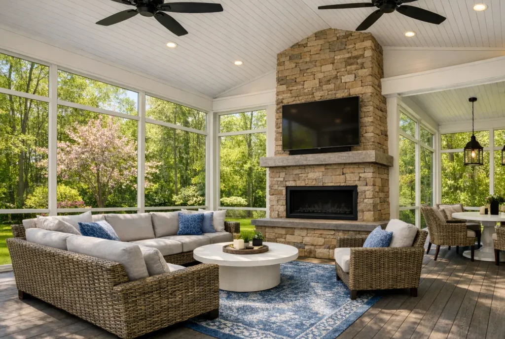 Luxury screened-in porch with composite decking, stone fireplace with TV, wicker seating area in Milton, GA by Yanover Construction