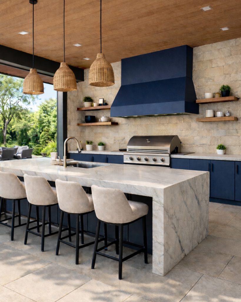Outdoor kitchen on composite deck in Alpharetta, Roswell, Sandy Springs GA with built-in grill, refrigerator, and modern cabinetry