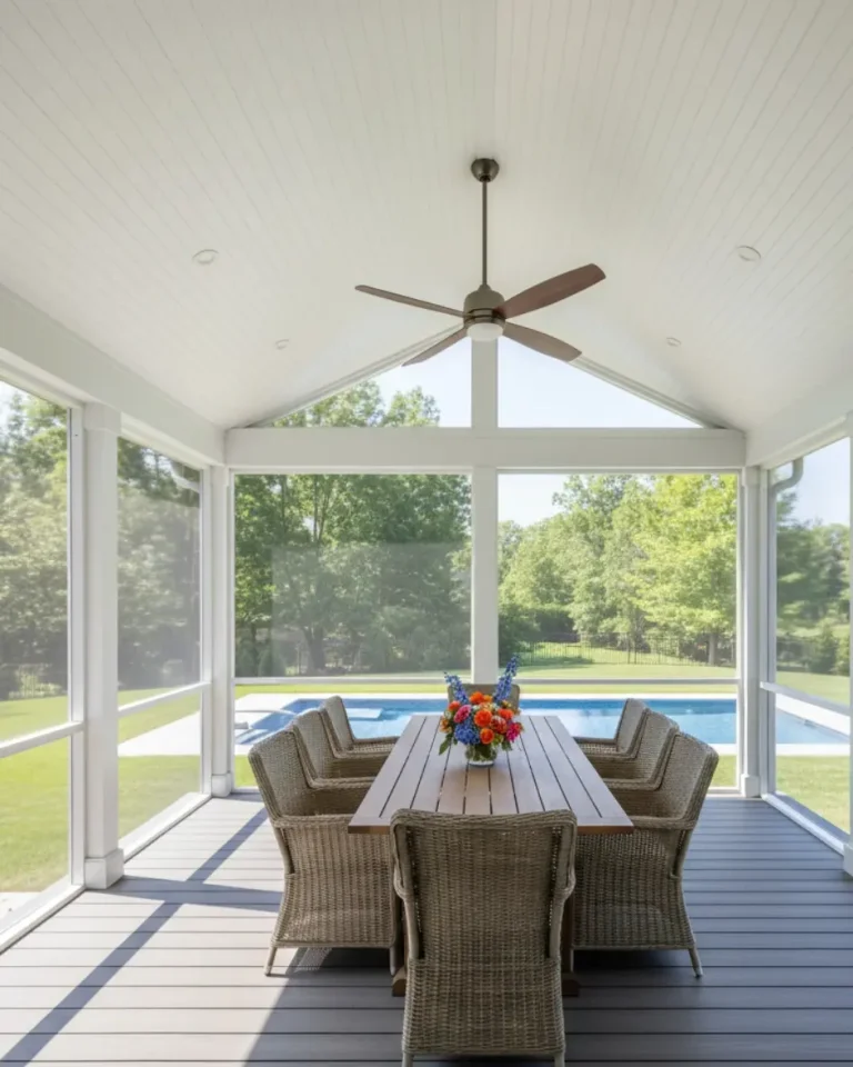 Custom screened porch builder in Alpharetta GA with dining area and vaulted ceiling