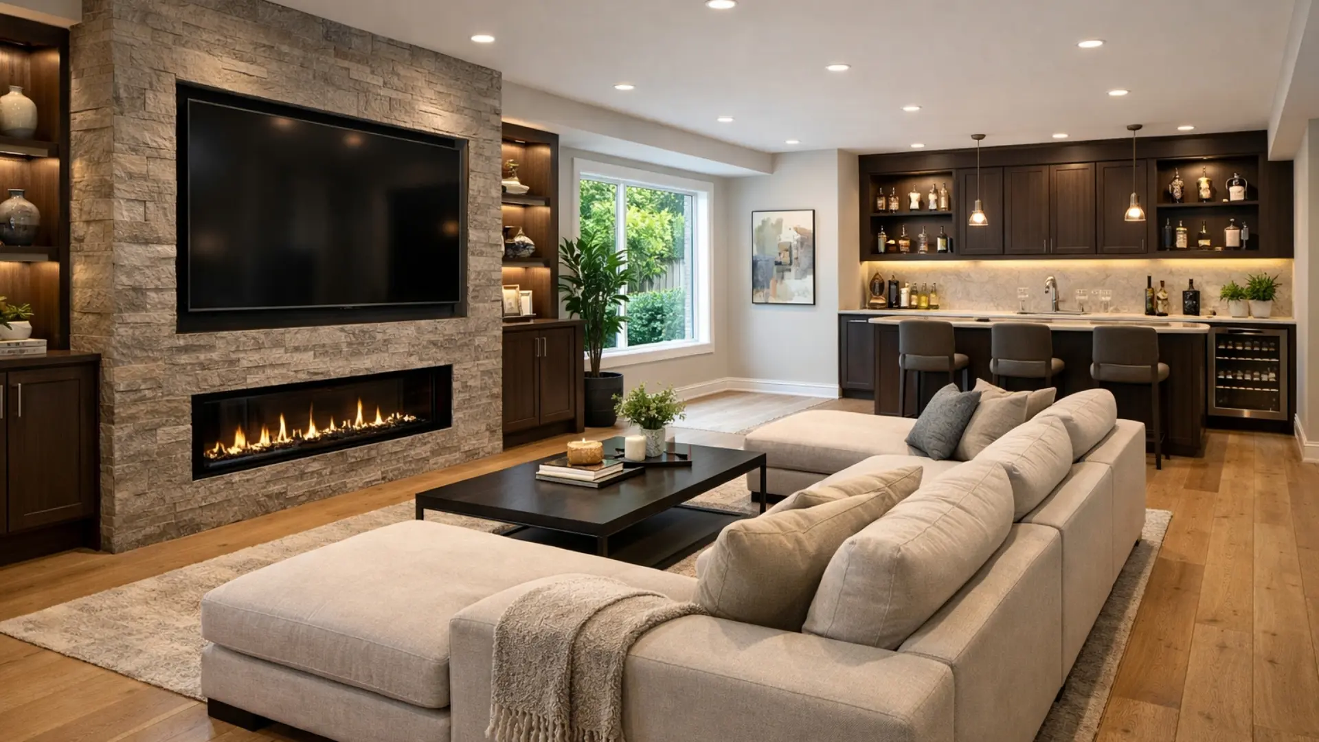 Luxury basement finishing remodel in Alpharetta, GA featuring a modern stone fireplace wall, built-in shelving, recessed lighting, custom wet bar cabinetry, hardwood flooring, and contemporary sectional seating in an open-concept entertainment space.