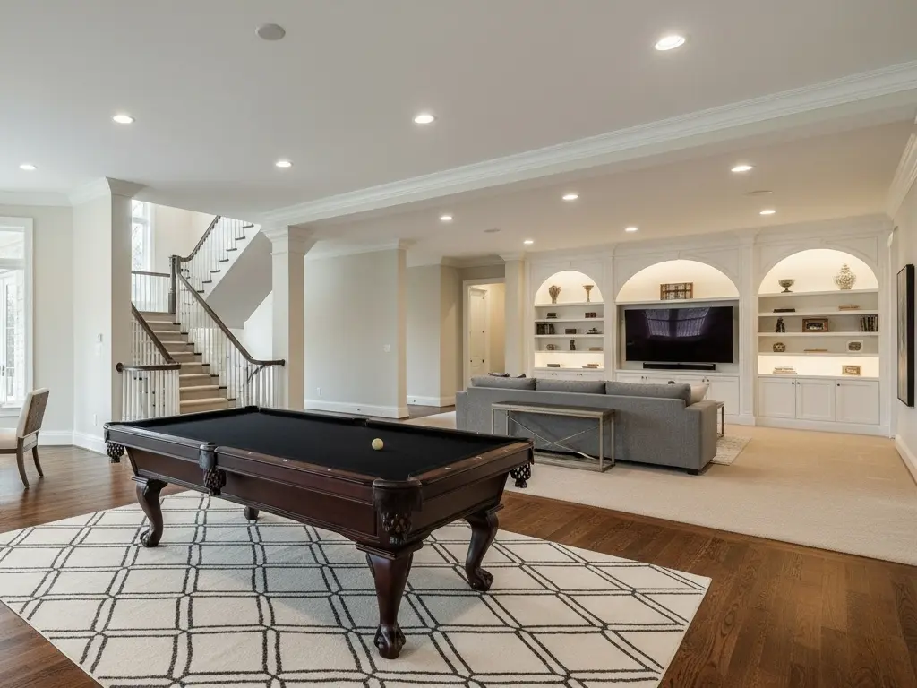 Luxury basement remodeling project in Alpharetta GA featuring open-concept entertainment space, custom built-in cabinetry, hardwood flooring, recessed lighting, and high-end interior finishes.