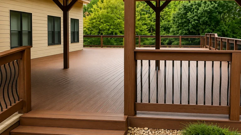 Covered composite deck in Milton GA featuring premium wood-tone decking and modern black railing for luxury outdoor living.