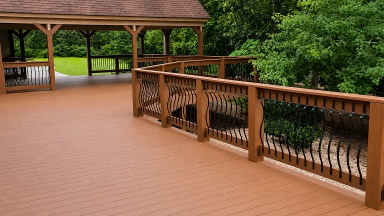 Covered Trex composite deck installation with decorative railing in Milton GA by Yanover Construction