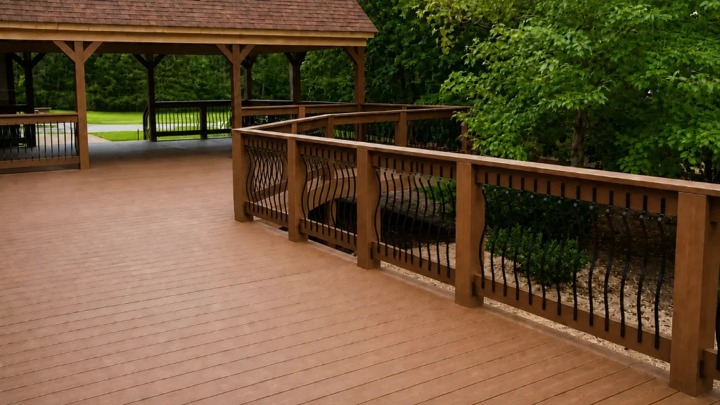 Covered Trex composite deck installation with decorative railing in Milton GAby Yanover Construction