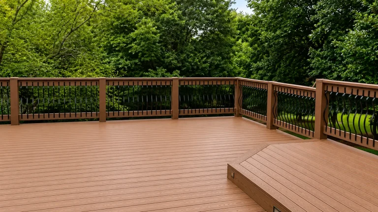 Custom composite deck with black aluminum railing in Alpharetta GA designed for upscale outdoor living and backyard entertaining.