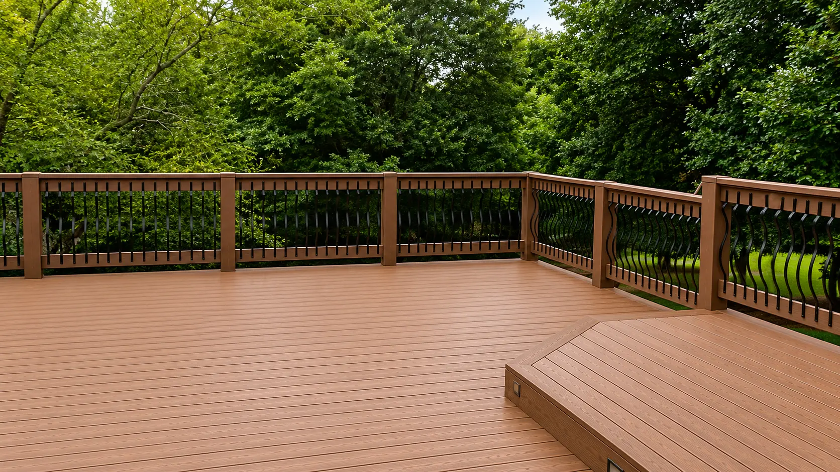 Custom composite deck with black aluminum railing in Alpharetta GA designed for upscale outdoor living and backyard entertaining.