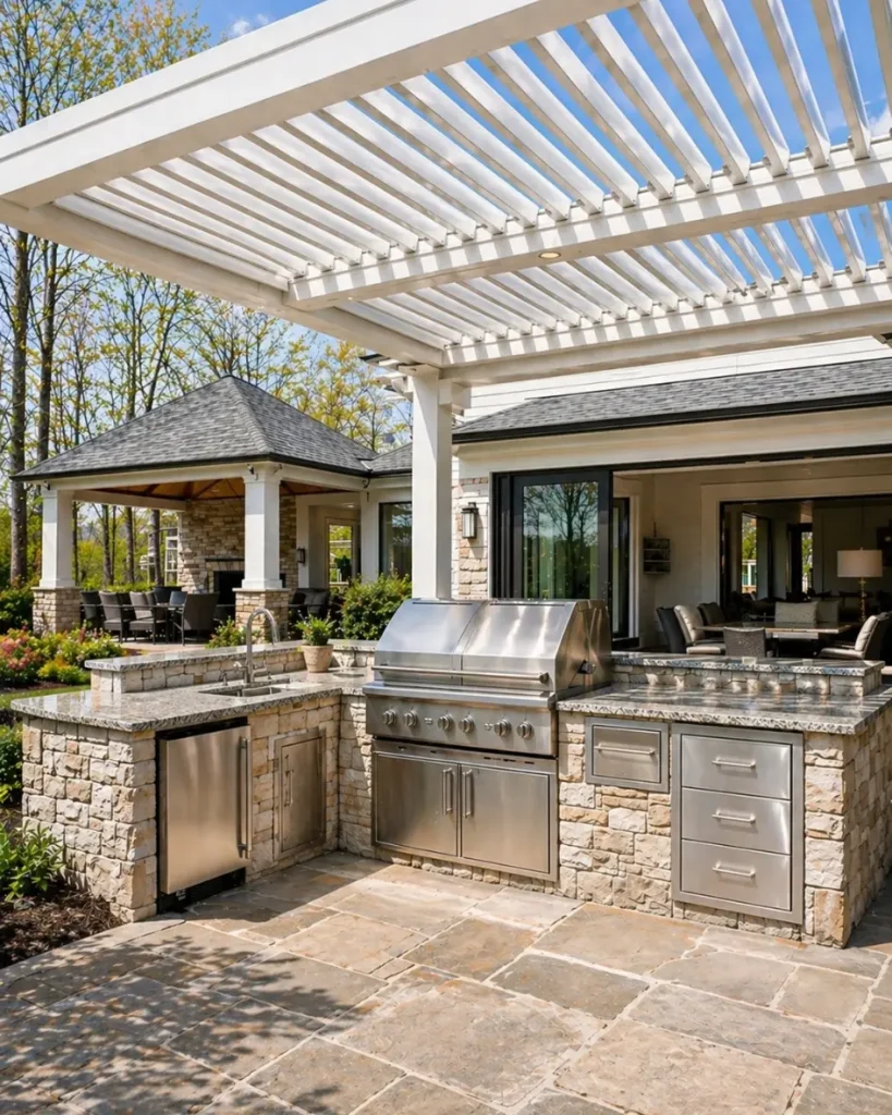 Custom pergola with outdoor kitchen in Alpharetta, GA.