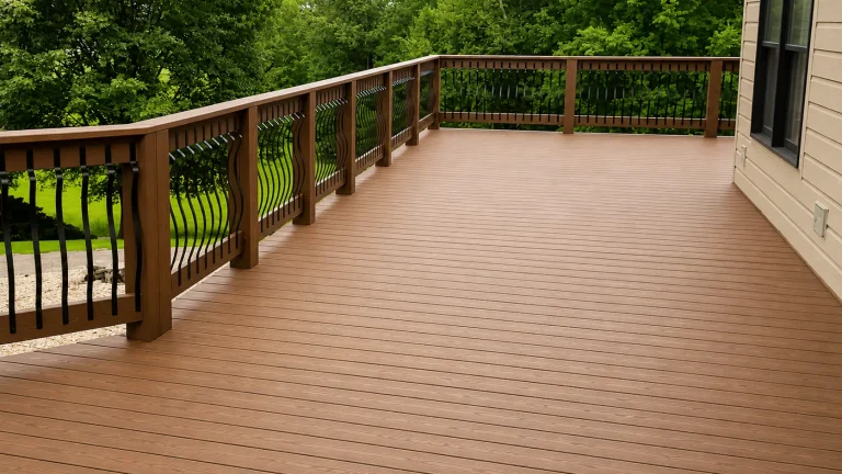 Elevated composite deck with stone exterior and modern railing in Alpharetta GA